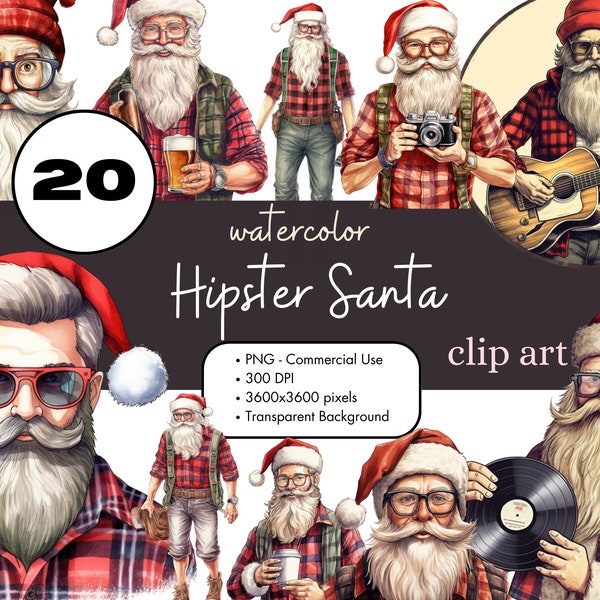 20 Hipster Père Noël Aquarelle Clipart Sublimation Bundle PNG Commercial Torse nu Imprimable Boho Tendance Drôle Vacances de Noël