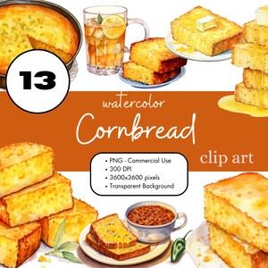 13 Maisbrot Thanksgiving Aquarell Clipart PNG Sublimation Bundle Kommerzielle Nutzung Grafiken Südliche Lebensmittel Maisbrot Chili Digital Clip Art