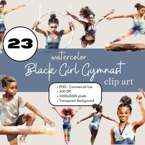 23 Black Girl Gymnast Clipart PNG Sublimation Bundle Utilisation commerciale Graphics Girl Aquarelle Gymnastique Sports Invitations Numérique