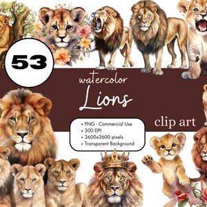 53 Lions Clipart PNG Sublimation Bundle Utilisation commerciale Graphiques vintage Afrique Bébé Lion Safari Animaux Junk Journal Scrapbooking numérique