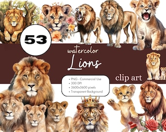 53 Lions Clipart PNG Sublimation Bundle Commercial Use Graphics Vintage Africa Baby Lion Safari Animals Junk Journal Digital Scrapbooking