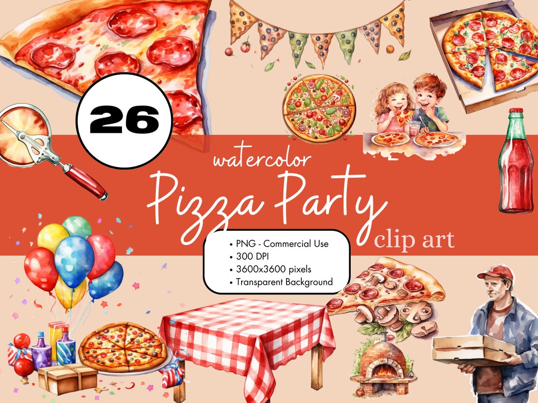 26 Pizza Party Birthday Food Italian Watercolor Clipart Sublimation ...