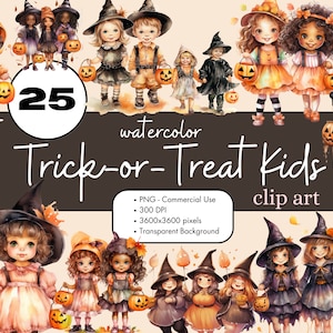 25 Trick or Treat Kids Kinderen Mensen Halloween Aquarel Clipart Sublimatie Bundel PNG Commercieel Gebruik Tweens Heksen Cute Clip Art