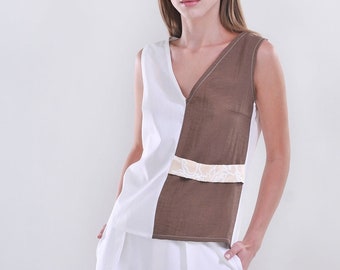 Two Color Blouse with Brocade Belt/ Sleeveless Summer Blouse/ White-Brown Women Blouse / Elegant Women Blouse/ Summer Top