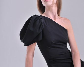 One Shoulder Black Dress/ Puff Sleeve Dress /  Couture Black Dress / Elegant Midi Dress Made of Fine Fabric