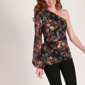 One Shoulder Floral Top/ Asymmetric Top/ One Sleeve Top/ Wide Sleeve Blouse/ Flower Top