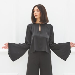 Silk Satin Blouse/ Bell Sleeves Top/ Loose Fitting Blouse/ Reversible Black Crop Top/ Open Front or Open Back/ Elegant Shirt Easy to Wear image 2