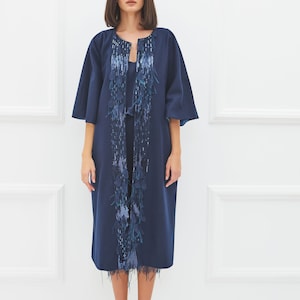 Blue Cape Coat  with Feathered Border • Women&#39;s Winter Coat with Wide Sleeves • Loose Style • Wool Coat • Silk Lining