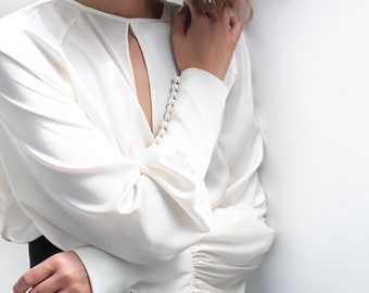 Off -White Silk Blouse/ Satin blouse/ Wide Sleeve Blouse/ Loose Blouse/ Wide Sleeve Top/ Elegant Blouse/ Puff Sleeve Top/ Long Sleeve Blouse