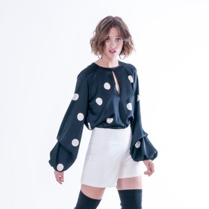 Satin Blouse with Wide Sleeves / Polka Dot Shirt/ Loose Style Elegant Blouse / Made of Fine Satin Fabric image 2