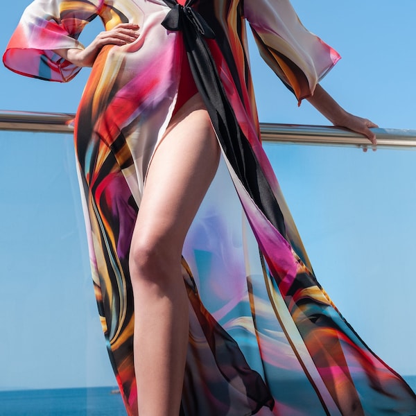 Long Sheer Kimono  with Silk Ribbon/ Stylish Beach Cover Up/ Feminine Summer Dress made of Sheer Printed Fabric/ Summer Cardigan