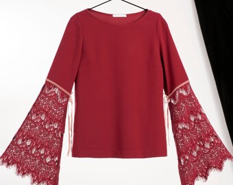 Loose Fitting Blouse with Lace Wide Sleeves / Timeless Comfy Top / Long Sleeve Blouse/Bell Sleeve Top