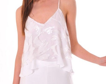 Shimmering Summer Top with Sequins \ White Triangle Top with Silk  Satin Lining \ Loose Style Top \ Sleeveless Feminine Blouse \ Bridal Top