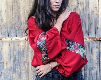 Red Blouse/  Wide Sleeved  Loose Blouse/ Puff Sleeve Blouse/ Wide Sleeve Top/  Long Sleeve Blouse