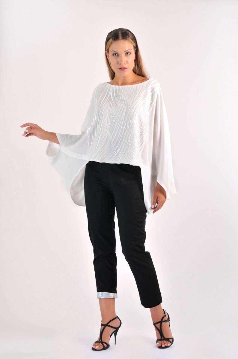 White Silk Blouse Lace Top Summer Satin Blouse Loose Style Blouse Asymmetric Top image 7