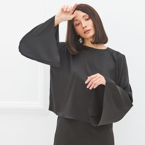 Silk Satin Blouse/ Bell Sleeves Top/ Loose Fitting Blouse/ Reversible Black Crop Top/ Open Front or Open Back/ Elegant Shirt Easy to Wear image 1