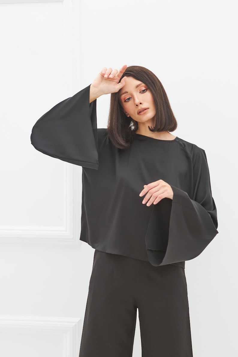 Silk Satin Blouse/ Bell Sleeves Top/ Loose Fitting Blouse/ Reversible Black Crop Top/ Open Front or Open Back/ Elegant Shirt Easy to Wear image 1