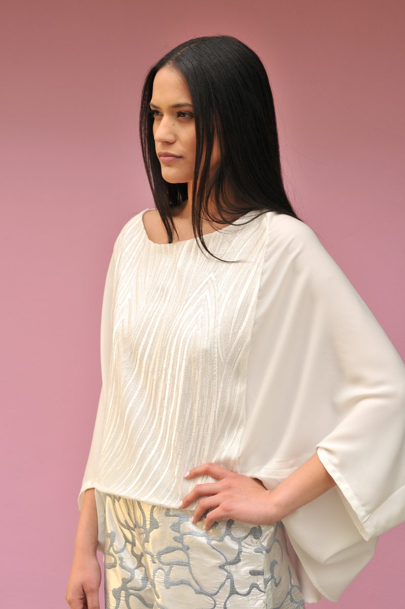 White Silk Blouse Lace Top Summer Satin Blouse Loose Style Blouse Asymmetric Top image 3