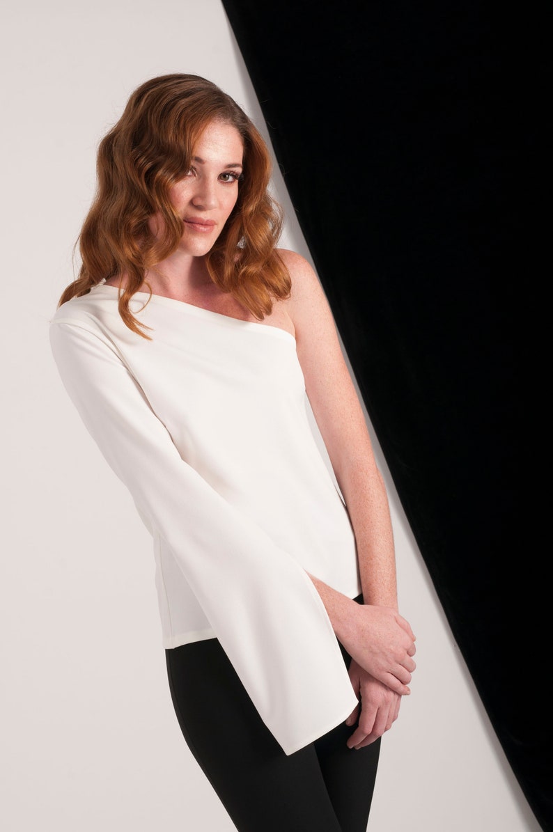 One Shoulder White Top/ White Top/ Asymmetric Top/ One Sleeve Top/ Elegant Top/ Designer Top/ Minimalist Top/Tailored Blouse/Fine Fabric image 5