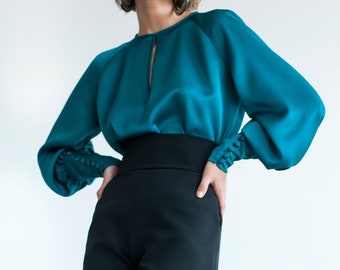 Satin Blouse/ Satin Top/ Silk Blouse/ Wide Sleeve Blouse/ Loose Blouse/ Wide Sleeve Top/ Elegant Blouse/ Puff Sleeve Top/ Long Sleeve Blouse
