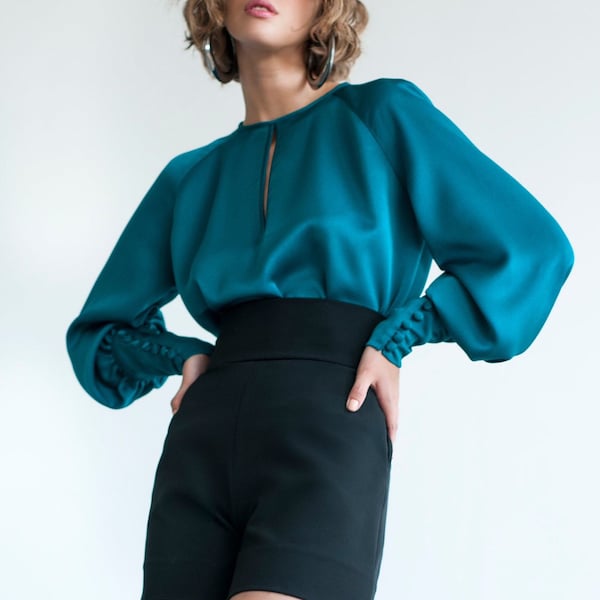 Satijnen blouse/satijnen top/zijden blouse/blouse met brede mouwen/losse blouse/top met brede mouwen/elegante blouse/top met pofmouwen/blouse met lange mouwen