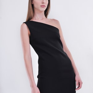Audrey Hepburn Little Black Dress /Asymmetrical One Shoulder Dress/ Elegant Midi Dress/ Fine Fabric/ Wear it All Seasons