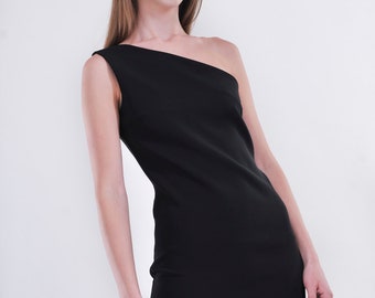 Audrey Hepburn Little Black Dress /Asymmetrical One Shoulder Dress/ Elegant Midi Dress/ Fine Fabric/ Wear it All Seasons