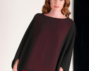 Schwarz - Rote Bluse/ Strick - Chiffon Bluse/ Lagentop/ Locker sitzende Bluse/ Asymmetrisches Top/ Asymmetrischer Pullover/ Elegante Bluse