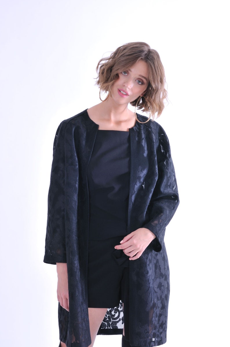 Black Coat Light Coat Made of Fine Lace Fabric Timeless Feminine All Seasons Coat Manteau image 6