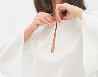White Silk Blouse/ Satin Blouse with Wide Sleeves/ Loose Blouse/ Reversible / Open Front or Open Back/ Stylish Shirt Easy to Wear