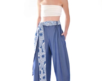 Blue Denim Pants with Elastic Waist \Wide Leg Denim \Crop Pants with a Brocade Belt \Loose Fitting Pants \Comfortable Pants \Blue Jean Pants