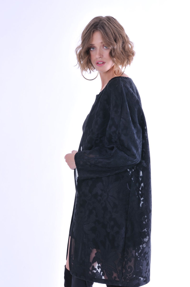 Black Coat Light Coat Made of Fine Lace Fabric Timeless Feminine All Seasons Coat Manteau image 7