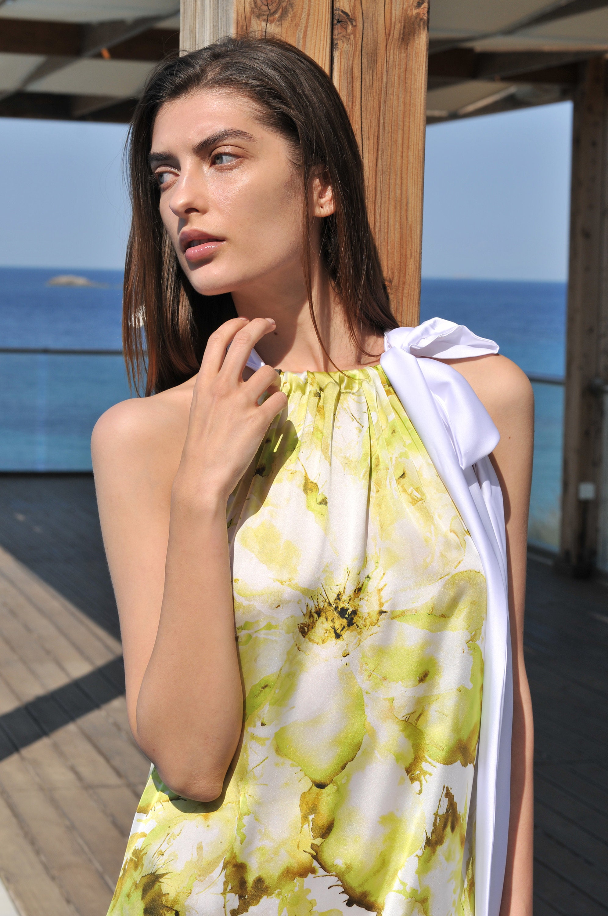 Floral Dress With Long White Ribbon/ Summer Dress / Silk Dress