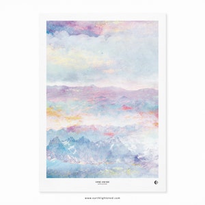 May include: A watercolor painting of a mountain range with a pastel color palette. The mountains are layered with a soft, hazy effect, creating a dreamy atmosphere. The sky is a light blue with hints of pink and purple. The text "Come and See" is at the bottom of the image.