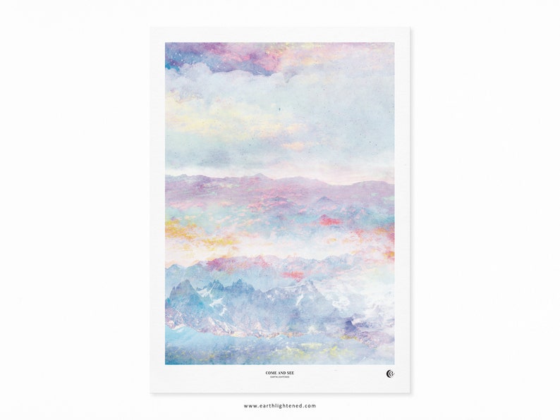 May include: A watercolor painting of a mountain range with a pastel color palette. The mountains are layered with a soft, hazy effect, creating a dreamy atmosphere. The sky is a light blue with hints of pink and purple. The text "Come and See" is at the bottom of the image.