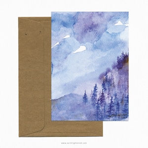 Carte postale paysage de montagne et de forêts à l'aquarelle