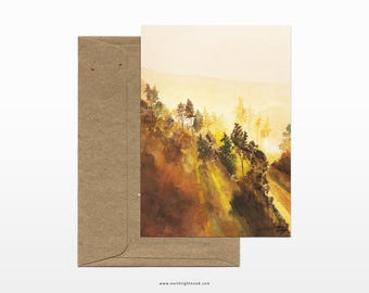 A6 watercolor forest postcard – Misty landscape, high quality print in Auvergne