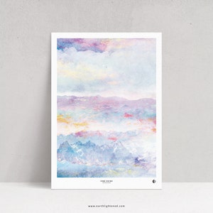 May include: A watercolor painting of a mountain range with a cloudy sky. The mountains are painted in shades of blue, purple, and pink, and the sky is a soft blue with hints of pink and yellow. The painting has a dreamy and ethereal feel.