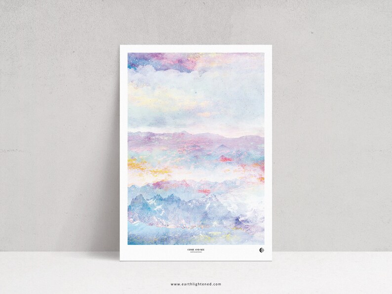 May include: A watercolor painting of a mountain range with a cloudy sky. The mountains are painted in shades of blue, purple, and pink, and the sky is a soft blue with hints of pink and yellow. The painting has a dreamy and ethereal feel.