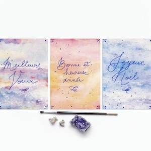 Lot de 3 Cartes de vœux 2025 et Carte de Noël A6, calligraphie personnalisée à la main - Aquarelle