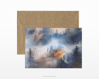 Watercolor mountain and forest landscape postcard