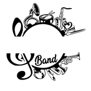 May include: Black and white illustration of a music band logo with musical instruments, including a saxophone, trumpet, drums, and a treble clef.