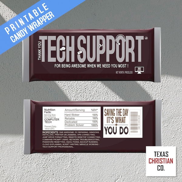 Tech Support Gift Ideas – Printable Tech Support Candy Bar Wrappers Instant Download – IT Guy, Computer Tech, or Helpdesk Support Gift