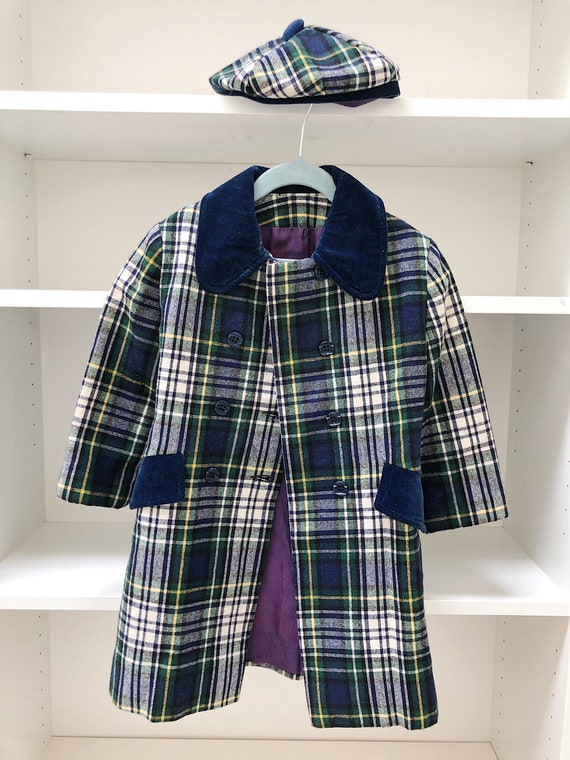 Vintage Navy Plaid Pea Coat with Beret