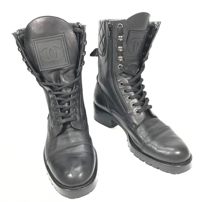 chanel black lace up boots