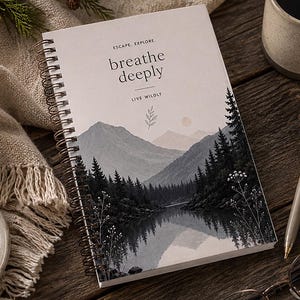 Könnte beinhalten: Ein spiralgebundenes Notizbuch mit weißem Einband, das eine Berglandschaft, einen See und Tannen zeigt. Der Text lautet ESCAPE, EXPLORE, breathe deeply, LIVE WILDLY. Das Design enthält ein kleines Blattsymbol und eine blasse Sonne.