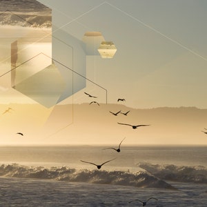 Può includere: Uno stormo di uccelli vola sopra una spiaggia con onde che si infrangono sulla riva. Il cielo è di un giallo tenue e l'acqua è di un azzurro chiaro. L'immagine è sovrapposta a forme geometriche.