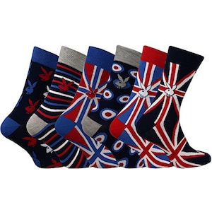 May include: Six pairs of colorful socks with a Union Jack pattern. The socks are red, white, and blue with a bunny rabbit logo.