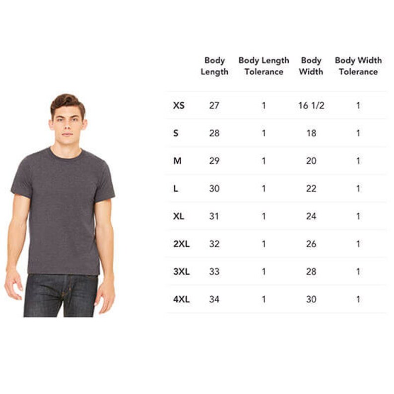 May include: A man wearing a dark gray crew neck t-shirt. A size chart is displayed next to the man, showing body length and width measurements in inches for various sizes, from XS to 4XL.