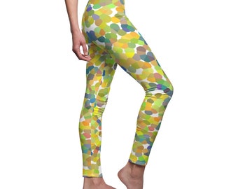 Women's Casual Leggings, Yellow Blue Dots Athletic Sportswear, Fun Colorful Girls Leggings, Trendy Workout Legging, Original Artwork